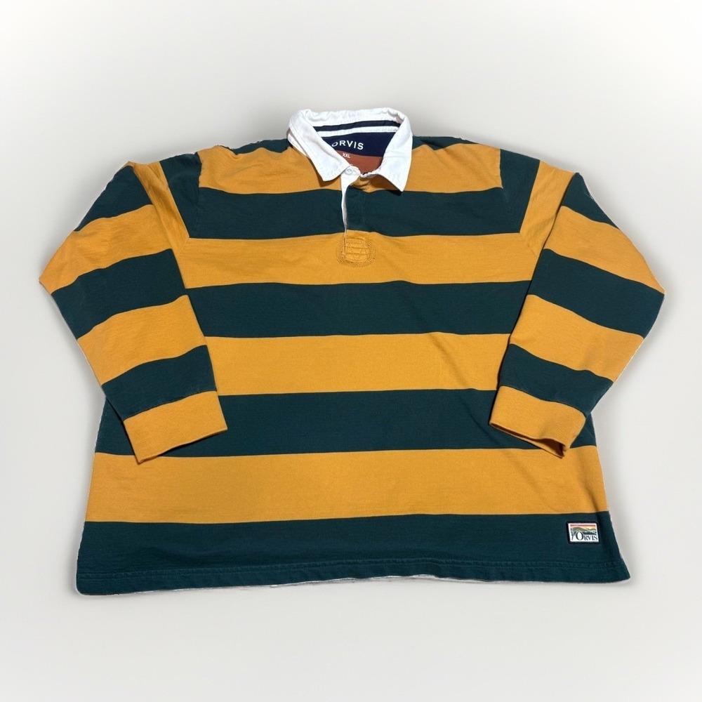 Orvis Mens XXL Rugby Shirt Long Sleeve Striped Green Yellow Cotton Polo Top